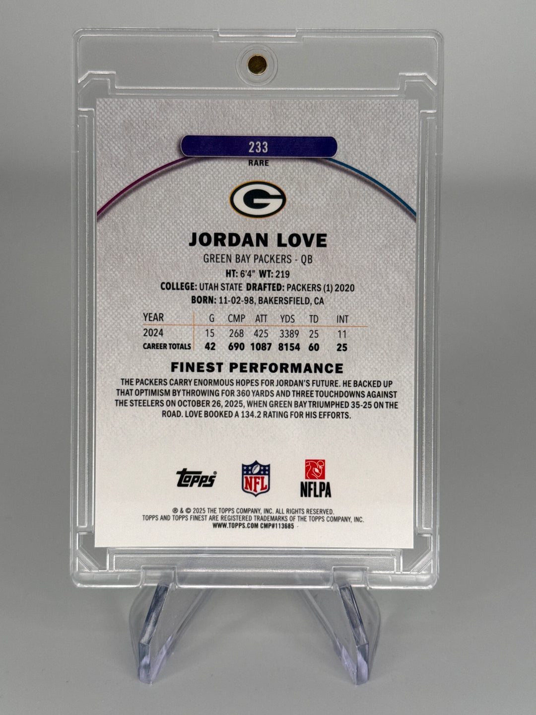 Jordan Love 2025 Topps Finest Green Refractor Rare, 12/25