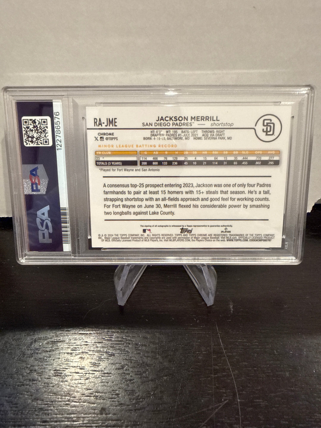 Jackson Merrill 2024 Topps Chrome Update Purple Lava Lamp Rookie Auto, 040/299, PSA 9 Mint