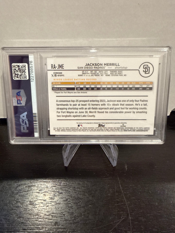 Jackson Merrill 2024 Topps Chrome Update Purple Lava Lamp Rookie Auto, 040/299, PSA 9 Mint