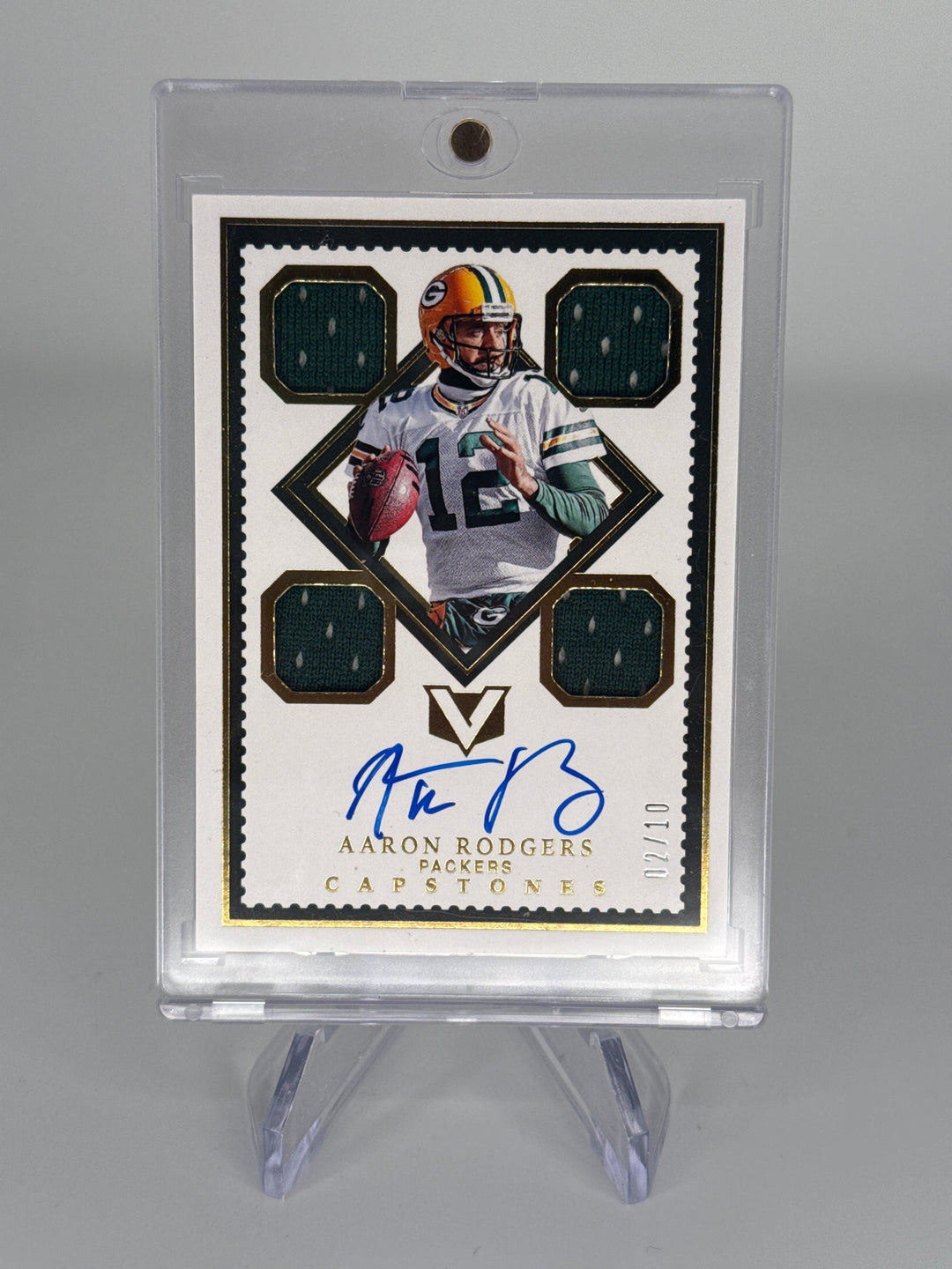 Aaron Rodgers 2017 Panini Vertex Capstones Gold Quad Relic Auto, 02/10
