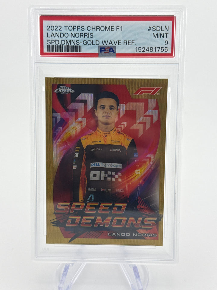 Lando Norris 2022 Topps Chrome Speed Demons Gold Wave Refractor, 22/50, PSA 9 Mint