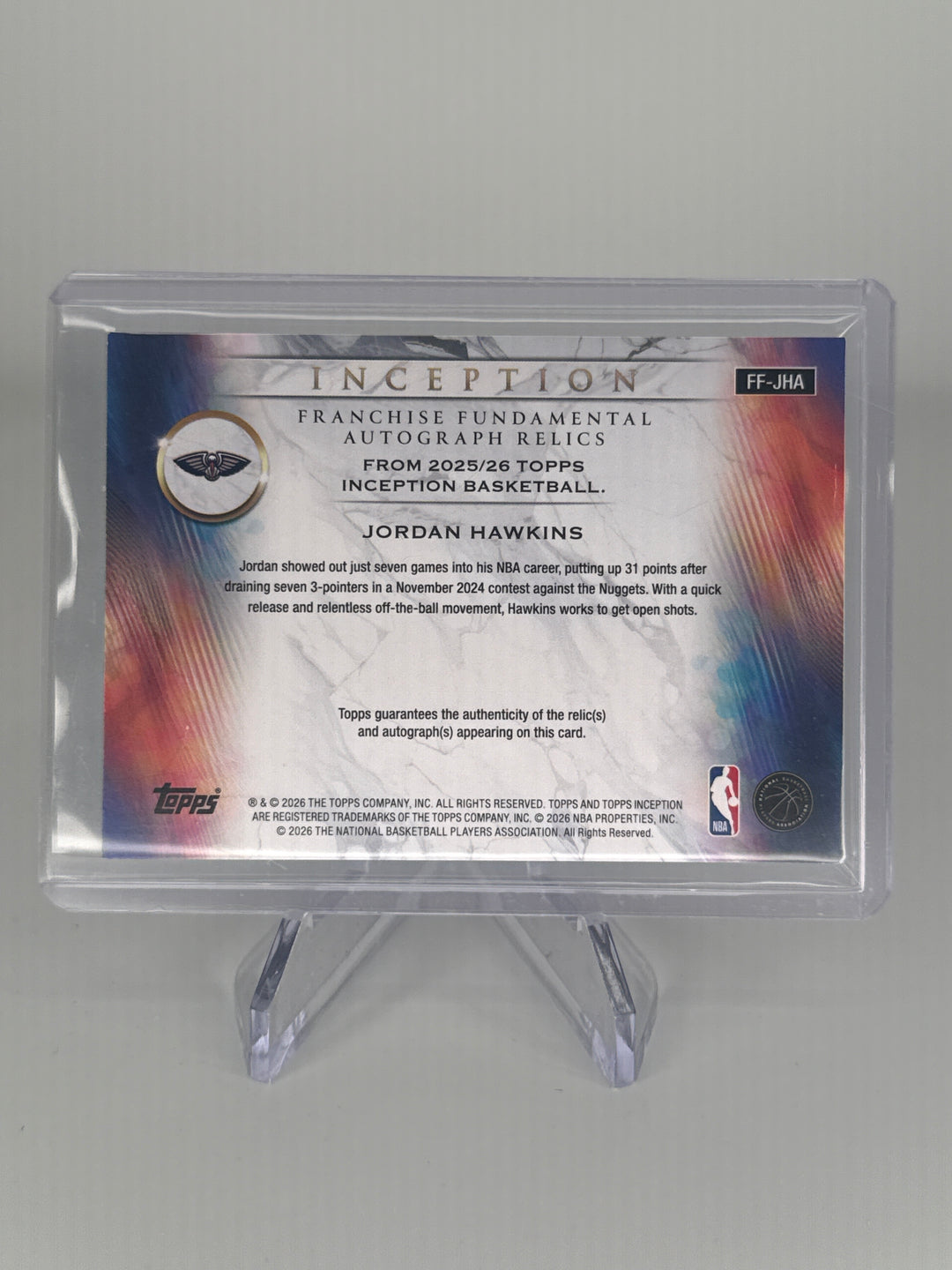 Jordan Hawkins 2026 Topps Inception Franchise Fundamental Auto Dual Relic, 07/10