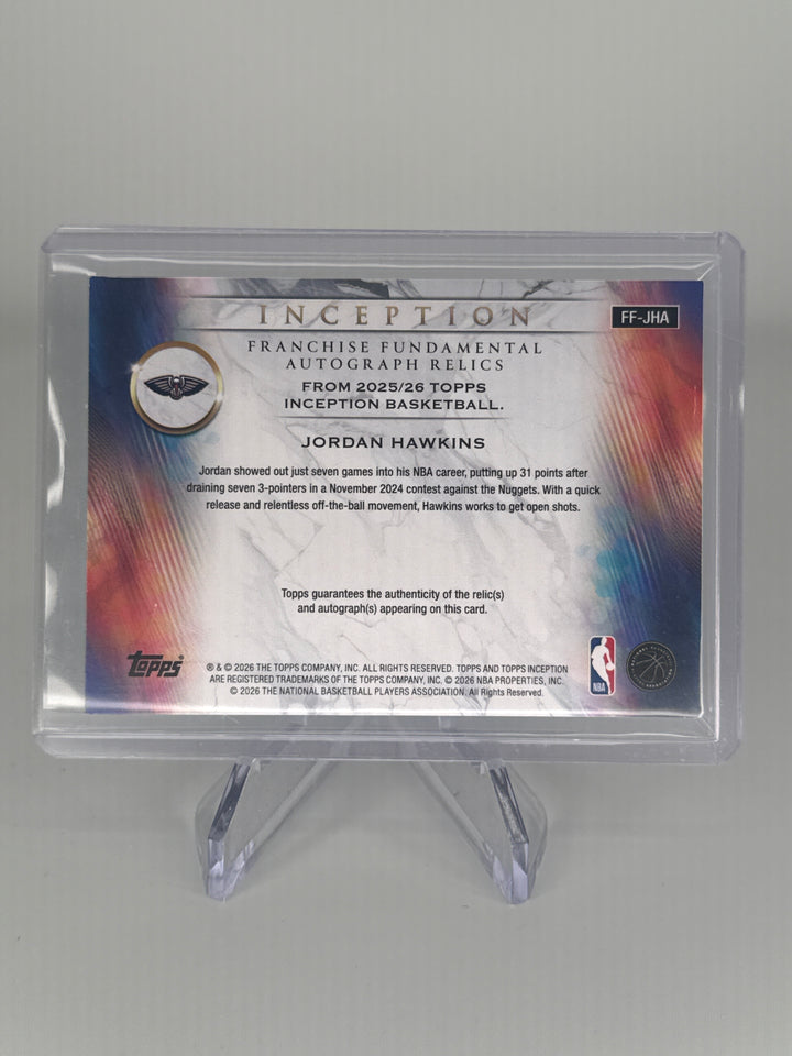 Jordan Hawkins 2026 Topps Inception Franchise Fundamental Auto Dual Relic, 07/10