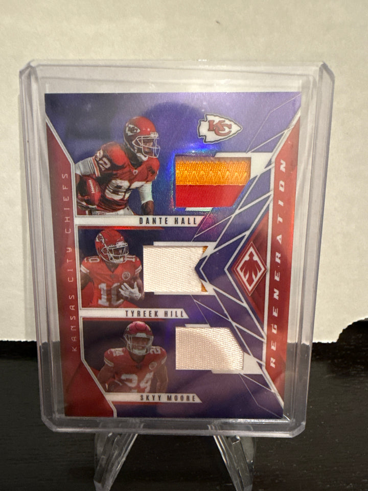 Dante Hall/Tyreek Hill/Skyy Moore 2022 Panini Phoenix Regeneration Purple Triple Relic, 21/50