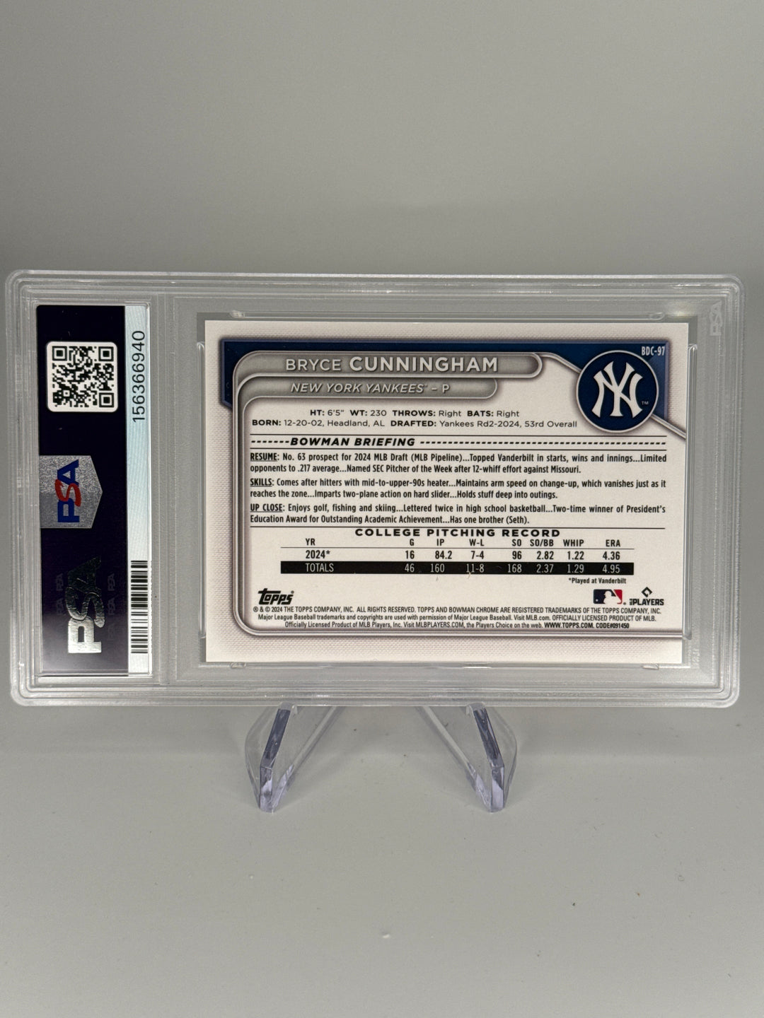Bryce Cunningham 2024 Bowman Chrome Sapphire 1st Bowman Auto Red, 5/5, PSA 9 Mint