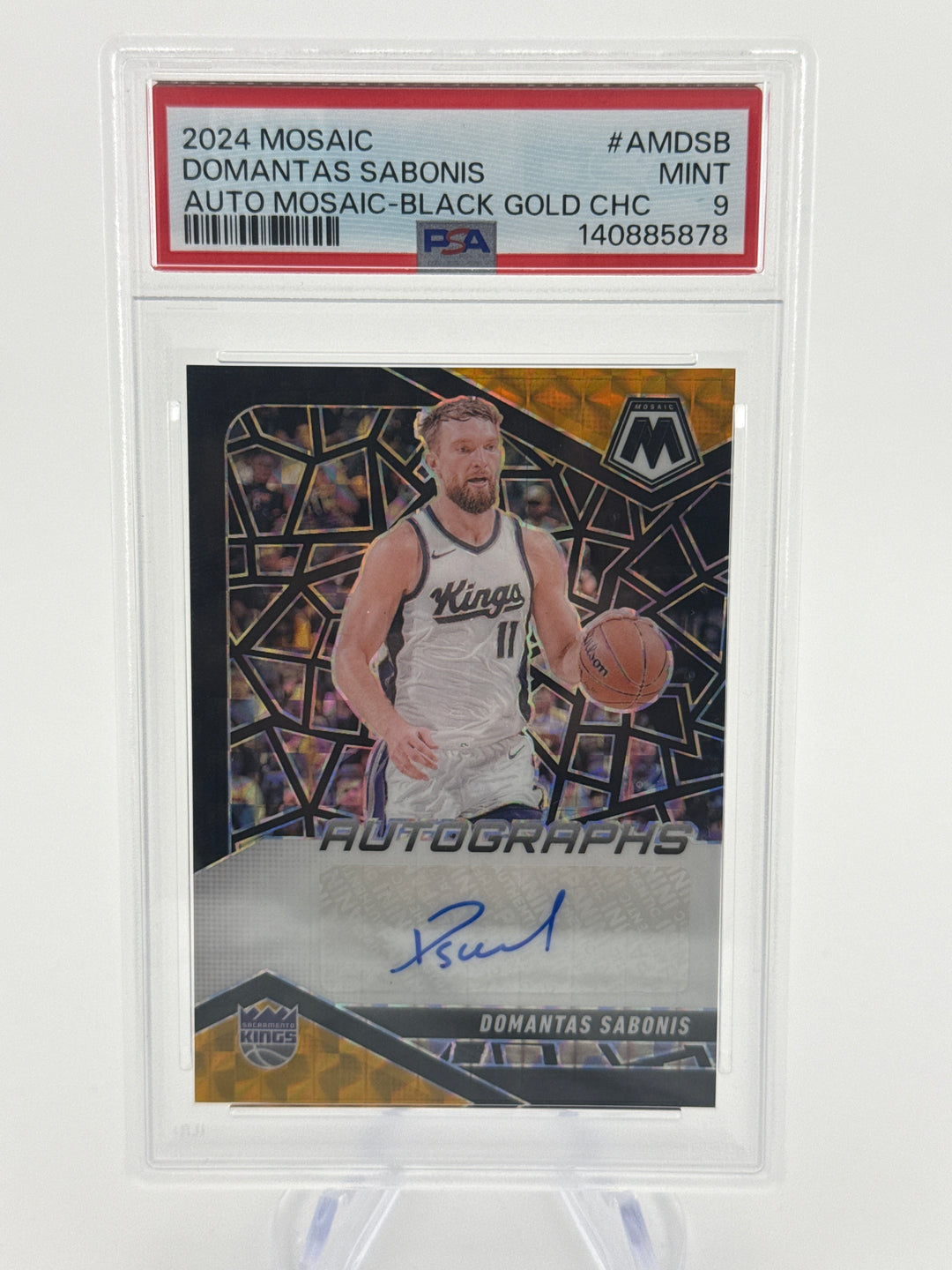 Domantas Sabonis 2024 Panini Mosaic Black Gold Choice Auto, 1/8, PSA 9 Mint