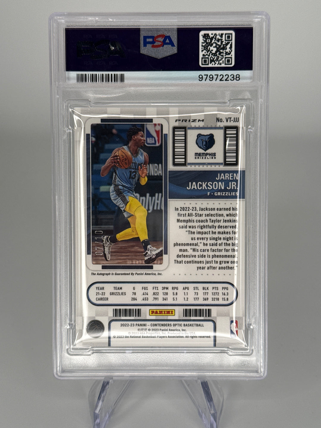 Jaren Jackson Jr 2022 Panini Contenders Optic Veteran Ticket Gold Auto, 07/10, PSA 9 Mint