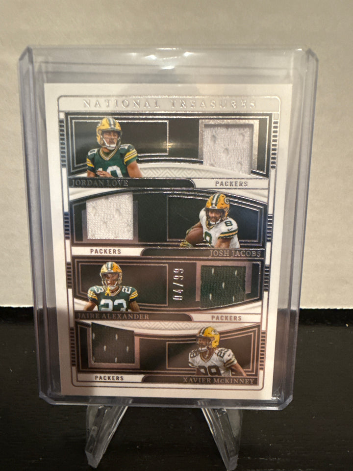 Jordan Love/Josh Jacobs/Jaire Alexander/Zavier McKinney 2024 Panini National Treasures Green Bay Packers Quad Team Relic, 04/99