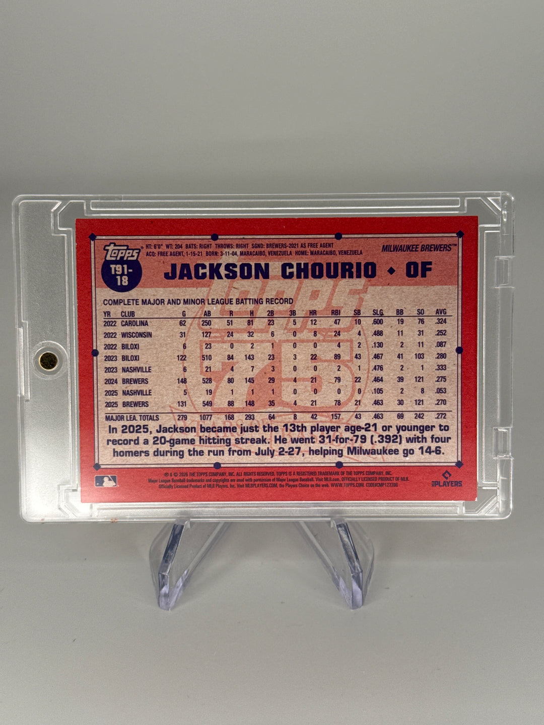 Jackson Chourio 2026 Topps Series 2 1991 Orange Refractor, 24/25