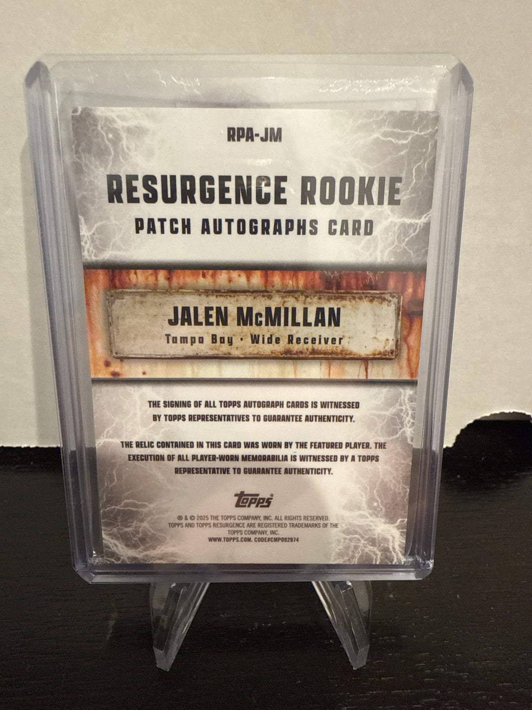 Jalen McMillan 2025 Topps Resurgence Rookie Patch Auto Orange, 10/25