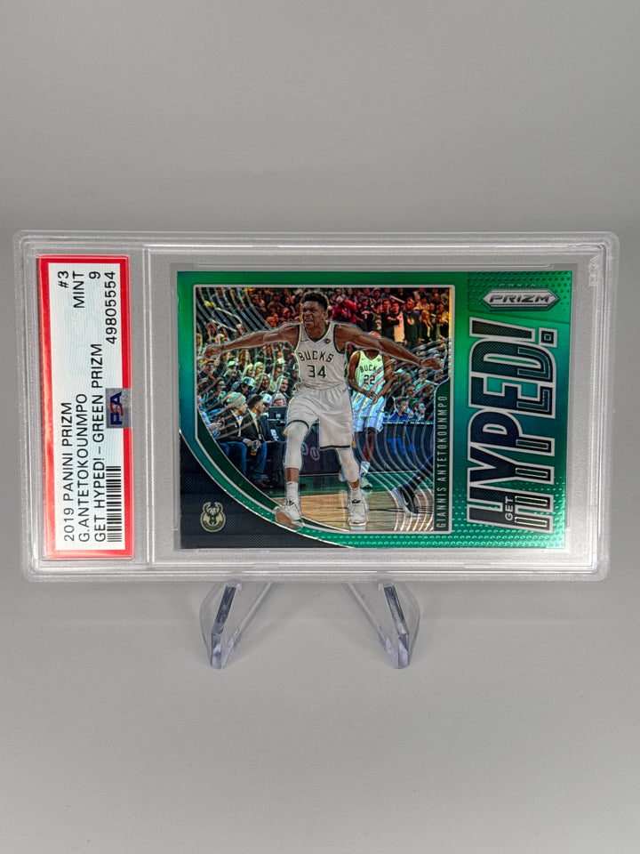 Giannis Antetokounmpo 2019 Panini Prizm Get Hyped Green Prizm, PSA 9 Mint