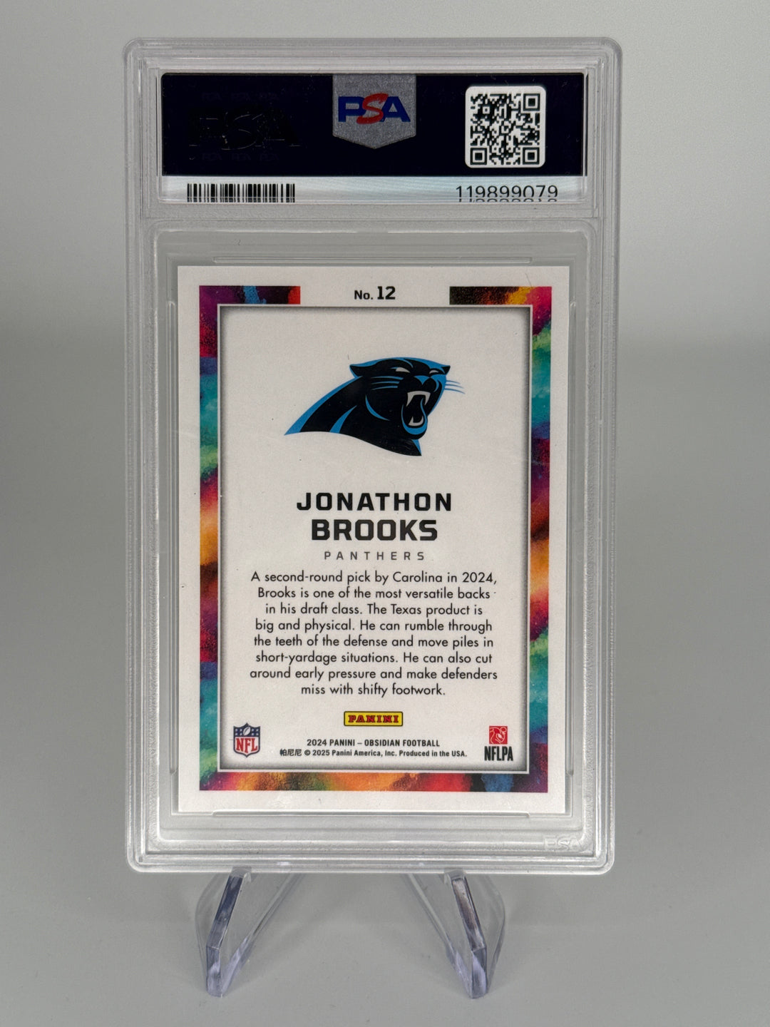 Jonathon Brooks 2024 Panini Obsidian SSP Case Hit Color Blast Rookie, PSA 9 Mint