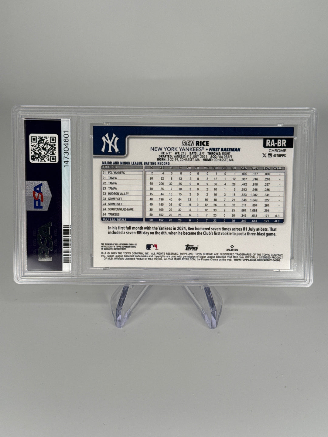 Ben Rice 2025 Topps Chrome Update Lava Lamp Rookie Auto, 127/299, PSA 10 Gem Mint