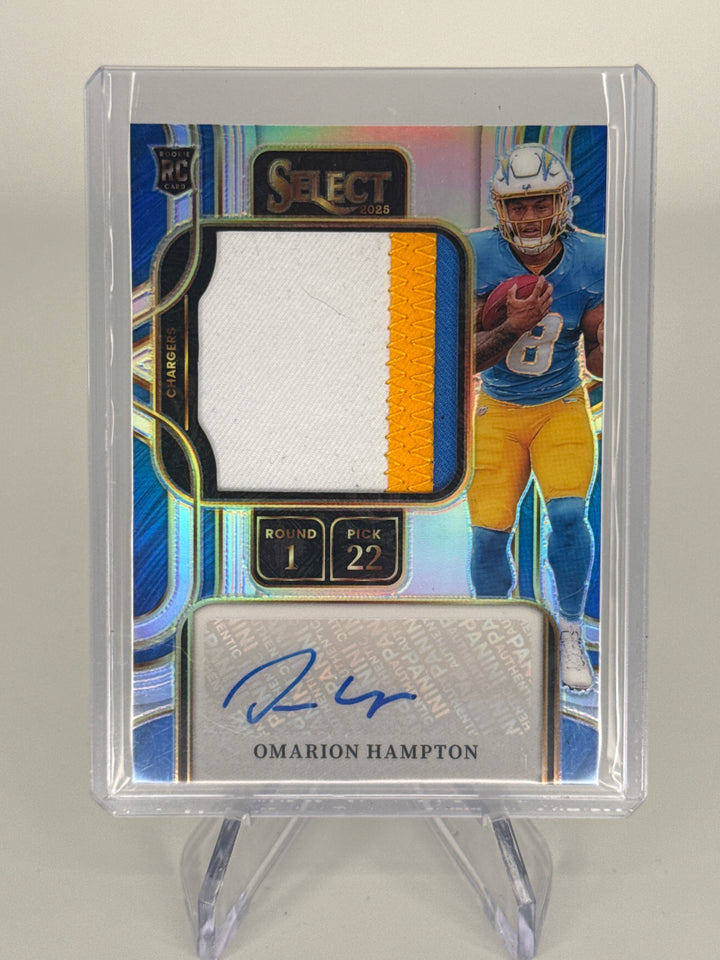 Omarion Hampton 2025 Panini Select Prime Rookie Patch Auto, 007/199