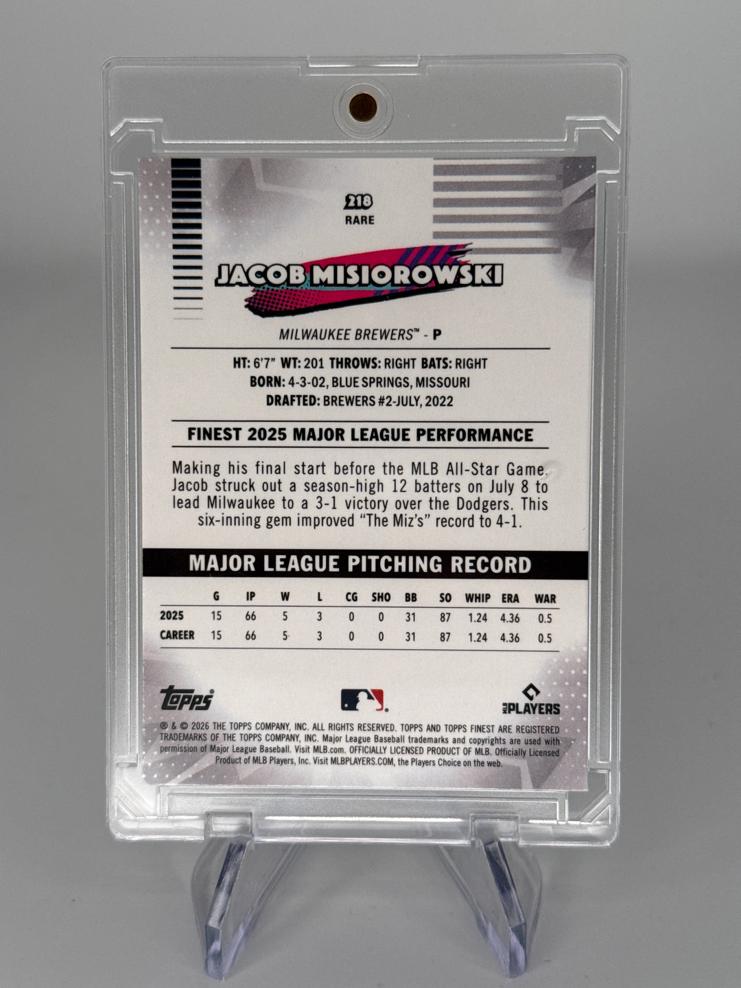 Jacob Misiorowski 2026 Topps Finest Green Refractor Rare Rookie, 05/99