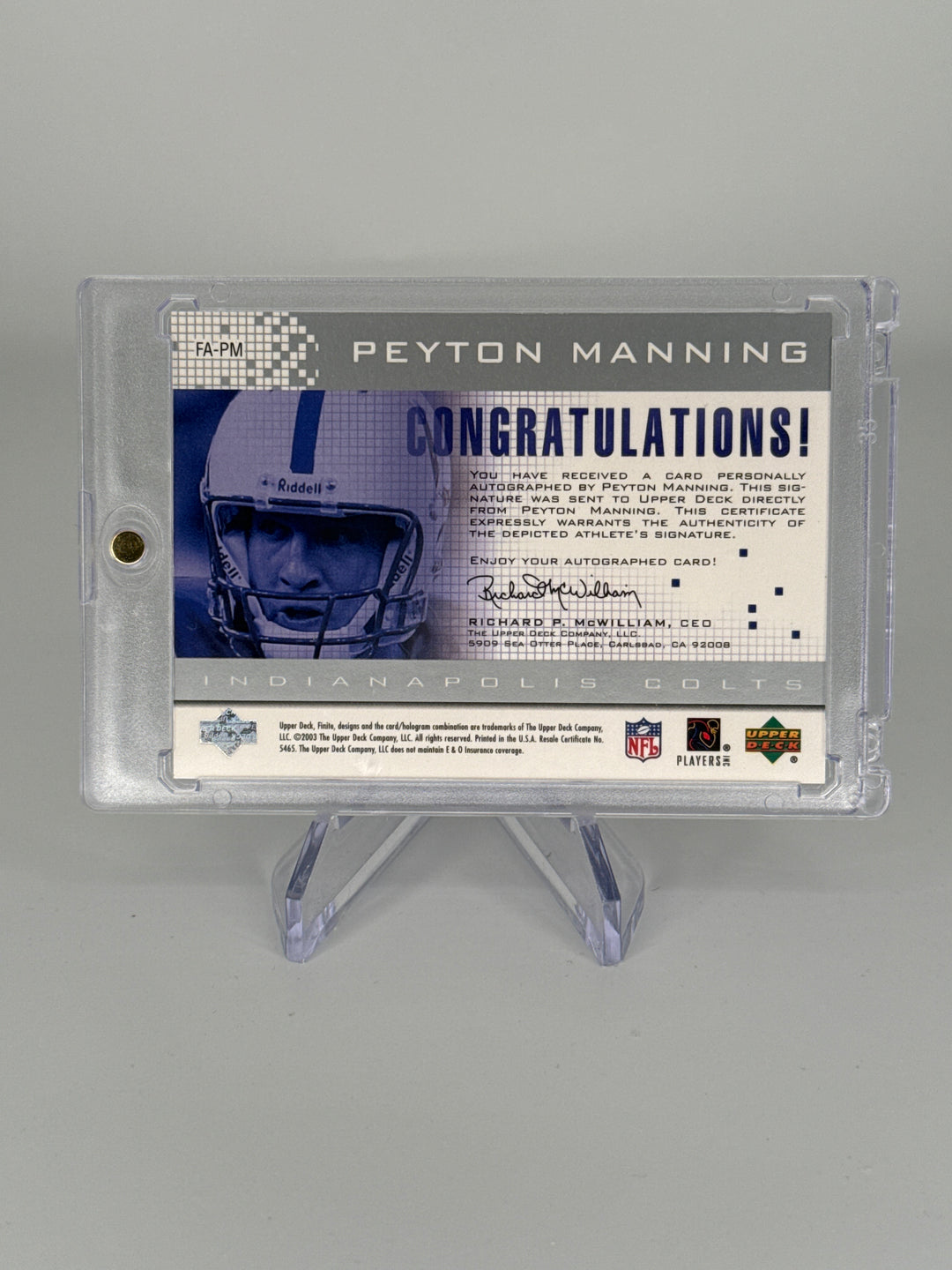 Peyton Manning 2003 Upper Deck Finite Auto, 565/1280