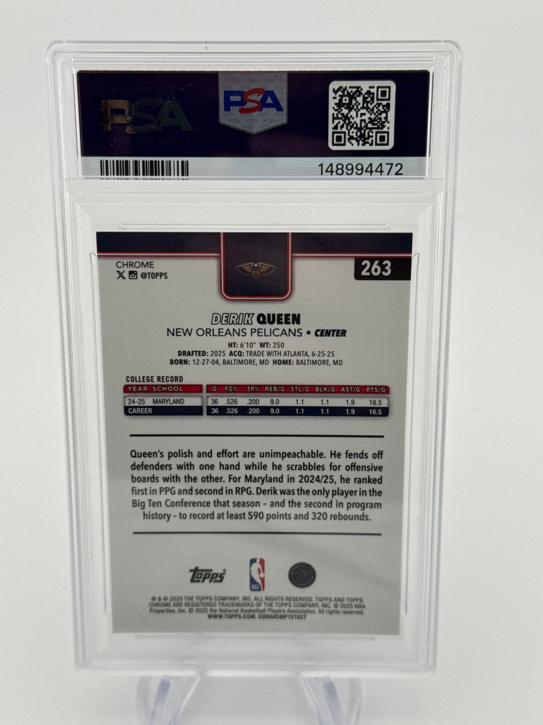 Derik Queen 2025 Topps Chrome Black Raywave Rookie, 09/10, PSA 9 Mint