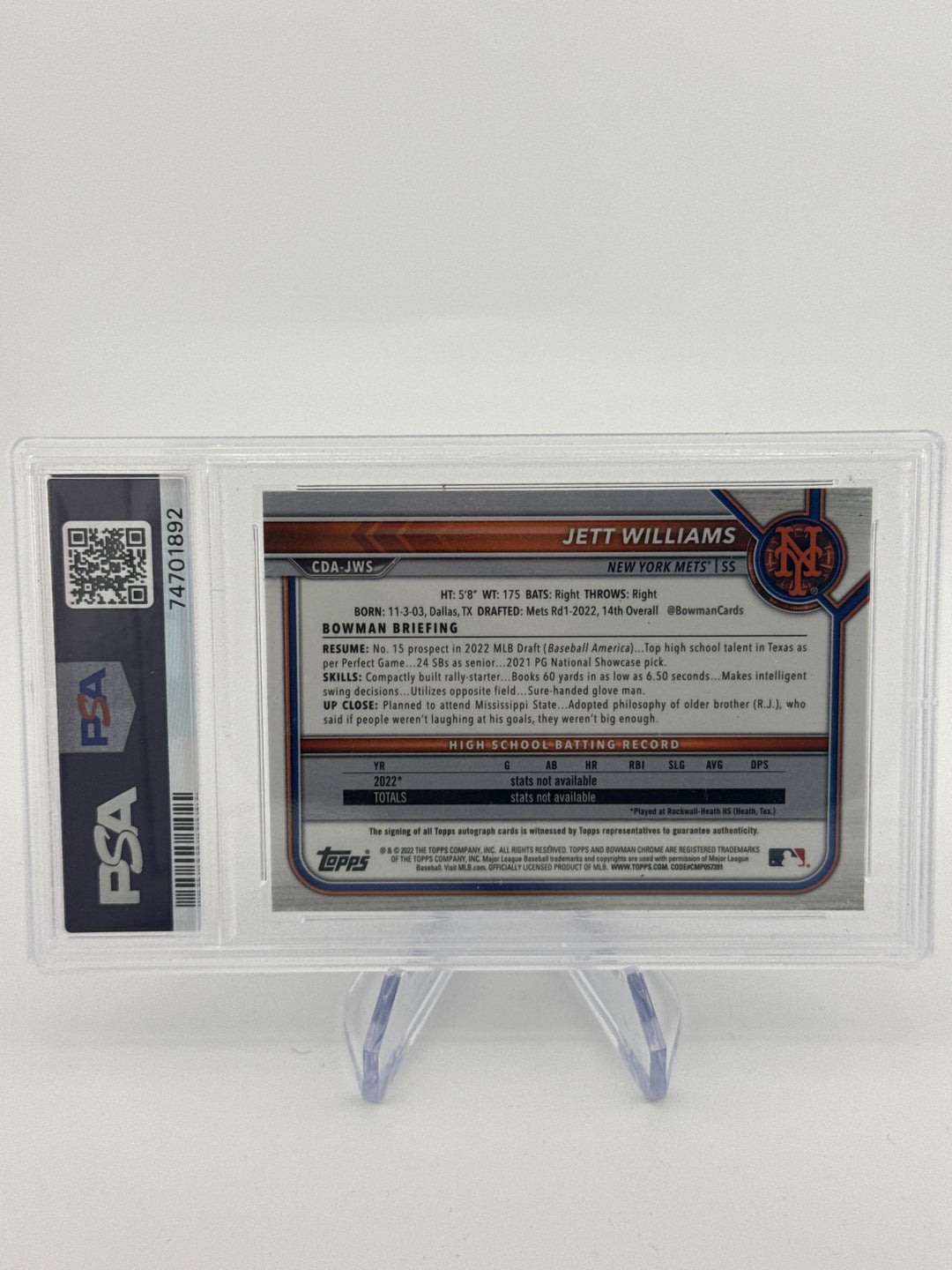 Jett Williams 2022 Bowman Draft Chrome 1st Bowman Blue Wave Refractor, 010/150, PSA 9 Mint
