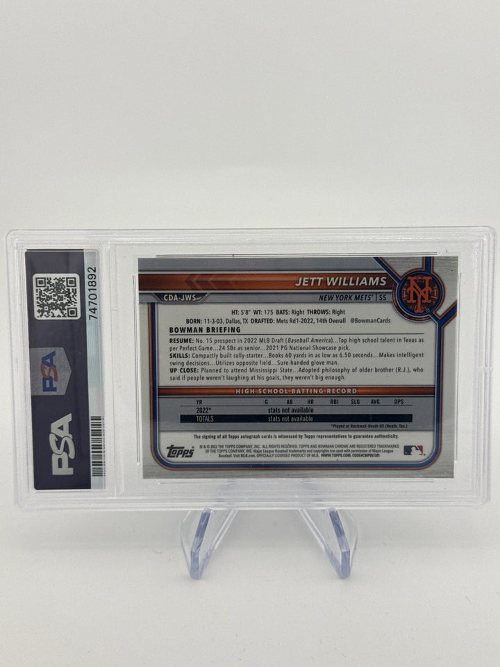 Jett Williams 2022 Bowman Draft Chrome 1st Bowman Blue Wave Refractor, 010/150, PSA 9 Mint