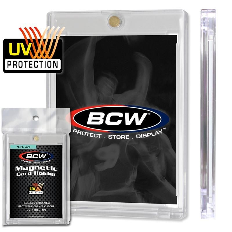 BCW magnetic card holder with UV protection feature on a white background