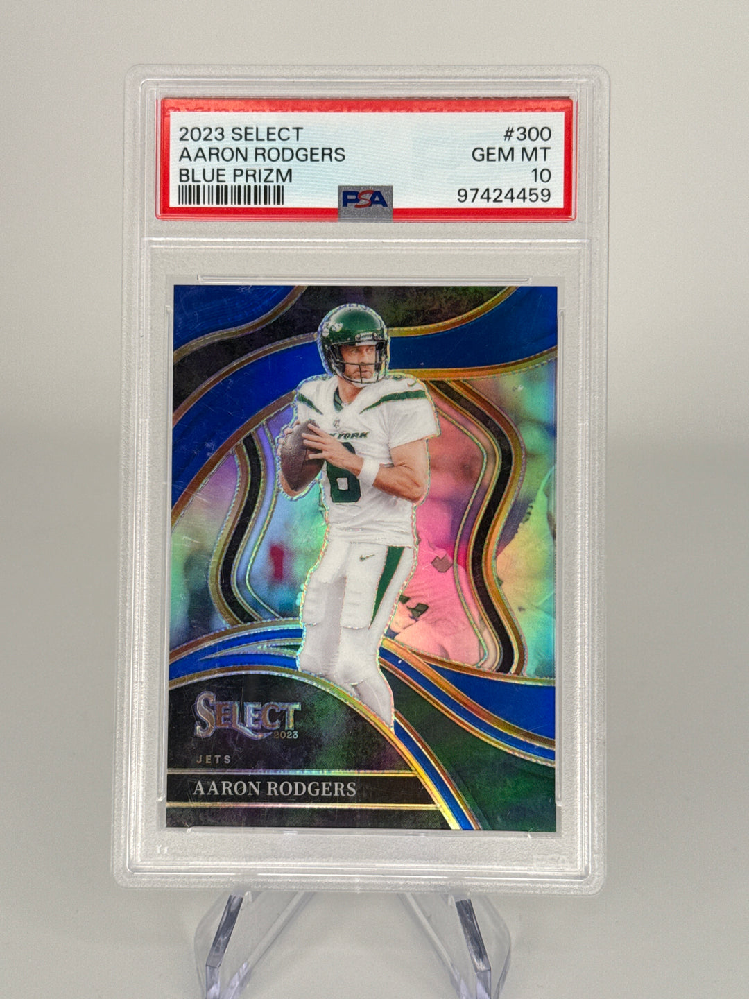 Aaron Rodgers 2023 Panini Select Blue Prizm, 48/99, PSA 10 Gem Mint