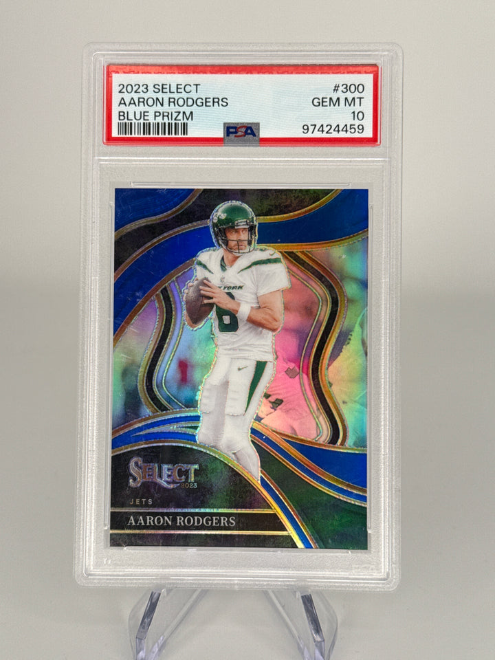 Aaron Rodgers 2023 Panini Select Blue Prizm, 48/99, PSA 10 Gem Mint