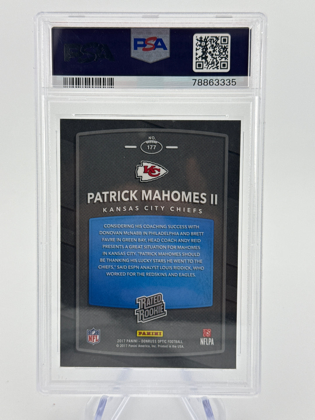 Patrick Mahomes 2017 Panini Donruss Optic Rookie, PSA 9 Mint