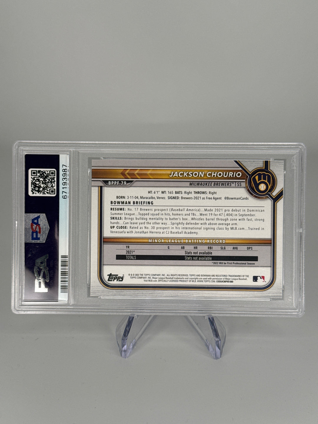 Jackson Chourio 2022 Bowman 1st Edition Sky Blue Foil, PSA 10 Gem Mint