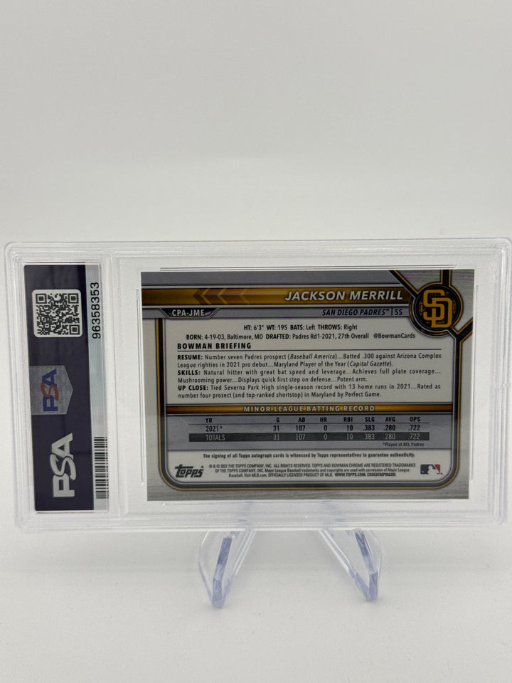 Jackson Merrill 2022 Bowman Chrome Prospect Auto, PSA 10 Gem Mint