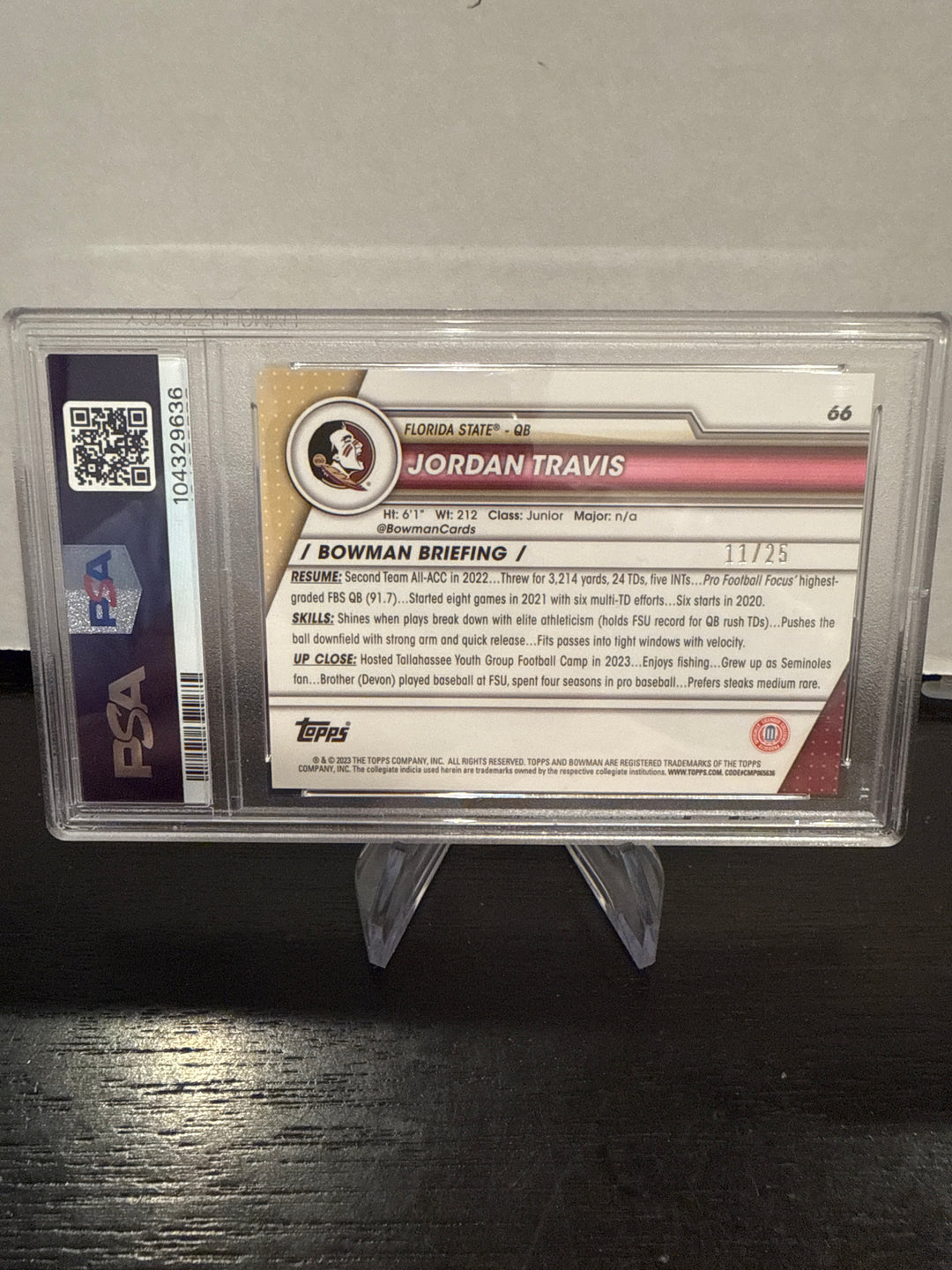 Jordan Travis 2023 Bowman Chrome University Orange Surge Refractor, 11/25, PSA 10 Gem Mint
