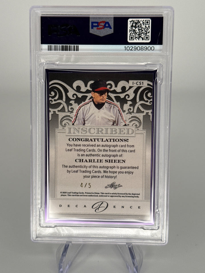 Charlie Sheen 2024 Leaf Decadence Inscribed Purple Auto, "Wild Thing" 4/5, PSA 9 Mint