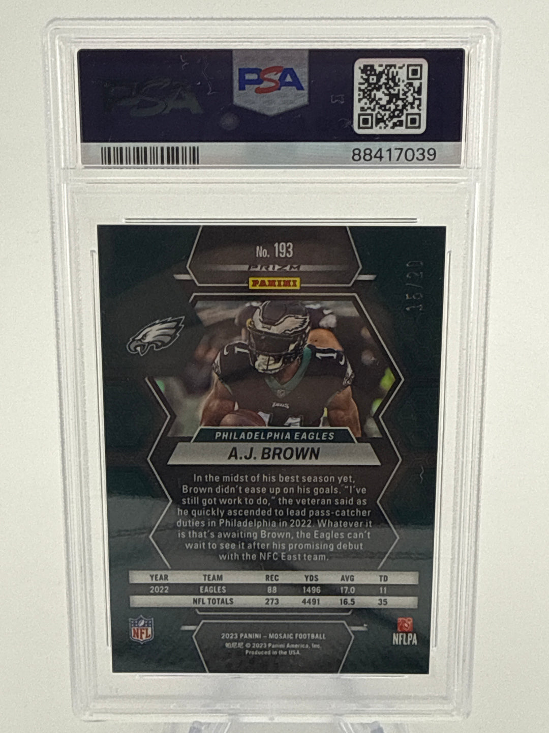 AJ Brown 2023 Panini Mosaic Pink No Huddle, 15/20, PSA 10 Gem Mint