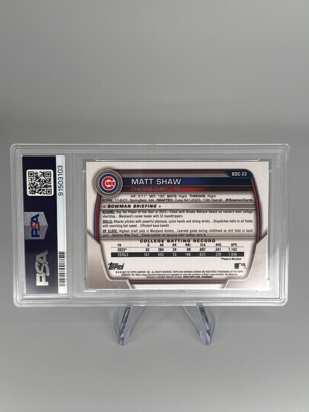 Matt Shaw 2023 Bowman Draft Chrome Sapphire 1st, PSA 10 Gem Mint