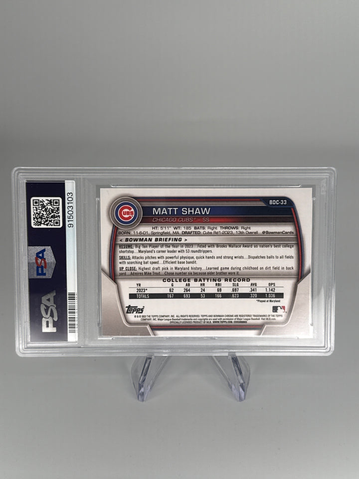 Matt Shaw 2023 Bowman Draft Chrome Sapphire 1st, PSA 10 Gem Mint