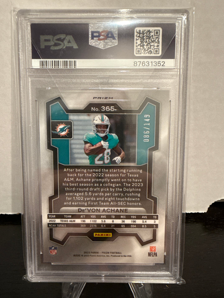 De'Von Achane 2023 Panini Prizm Red Wave Rookie, 086/149, PSA 10 Gem Mint