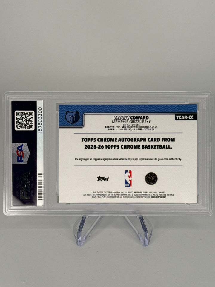 Cedric Coward 2025 Topps Chrome Blue Refractor Rookie Auto, 31/150, PSA 9 Mint