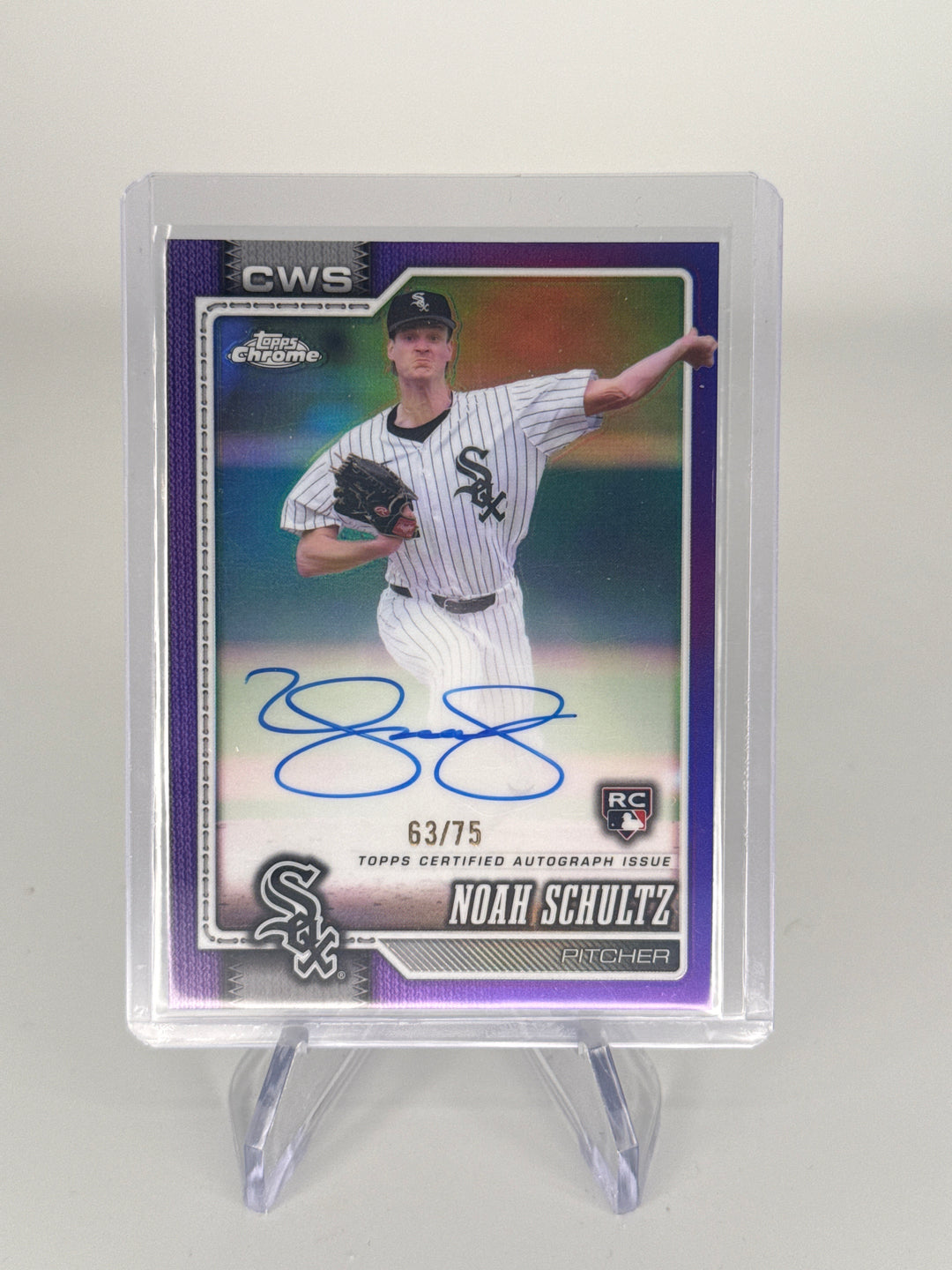 Noah Schultz 2026 Topps Chrome Purple Refractor Rookie Auto, 63/75