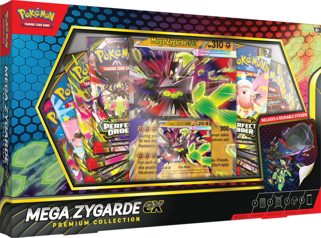 Pokémon Mega Zygarde EX Premium Collection packaging with trading cards displayed.