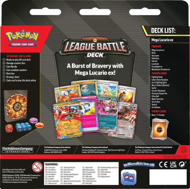Pokémon trading card game deck packaging with cards and accessories on a black background