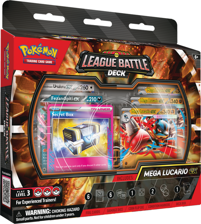 Pokémon Trading Card Game League Battle Deck packaging with Mega Lucario EX on a black background