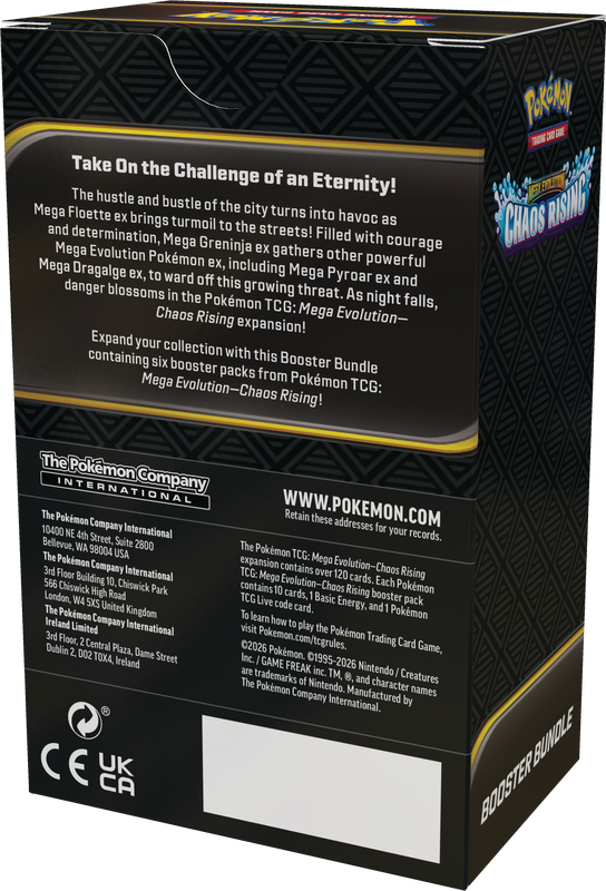 Pokemon TCG Mega Evolutions Chaos Rising Booster Bundle Box with 6 booster packs on a transparent background.