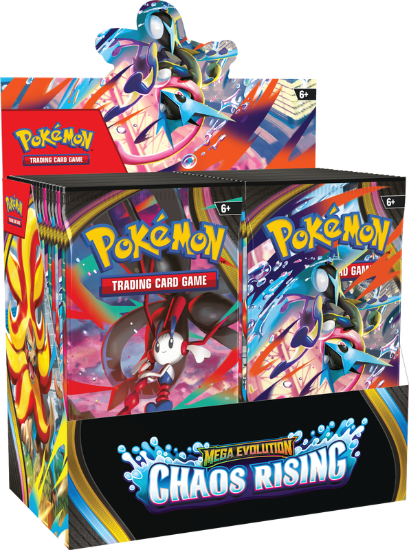 Pokemon TCG box with 36 packs from the Mega Evolution Chaos Rising product line.