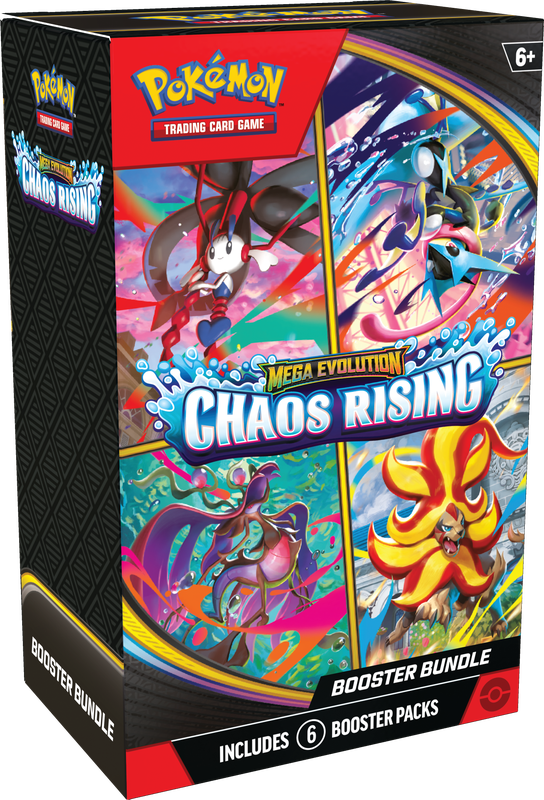 Pokemon TCG Mega Evolutions Chaos Rising Booster Bundle Box with 6 booster packs on a transparent background.