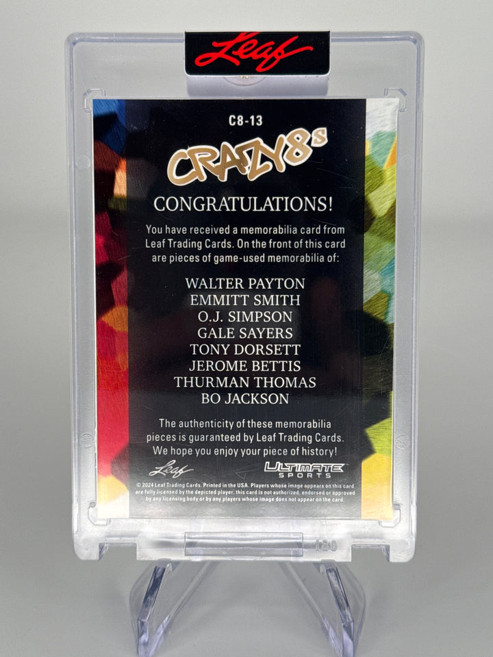 2024 Leaf Ultimate Sports Walter Payton/Emmitt Smith/O.J. Simpson/Gale Sayers/Tony Dorsett/Jerome Bettis/Thurman Thomas/Bo Jackson Crazy 8's Octa Game Used Relics, 1/2