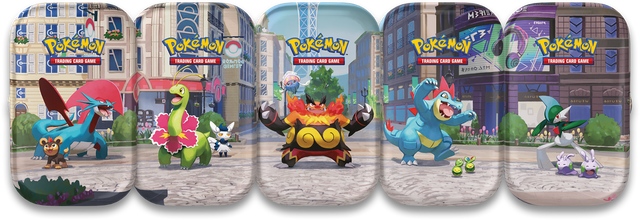 Pokemon TCG Lumoise City Mini Tin display with five unique designs.