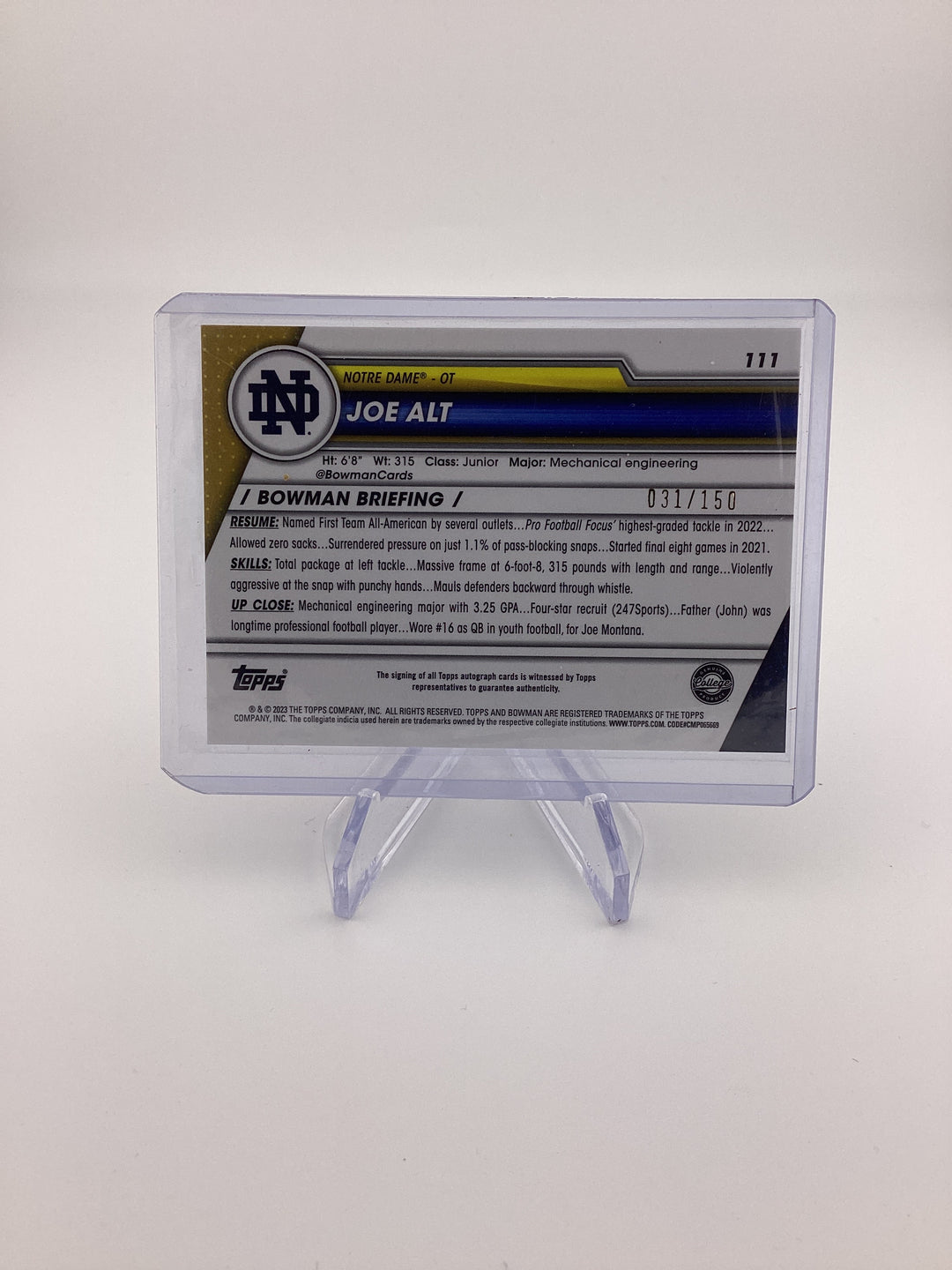 Joe Alt 2023 Topps Bowman University Chrome Purple Mini Diamond 1st Auto, 031/150