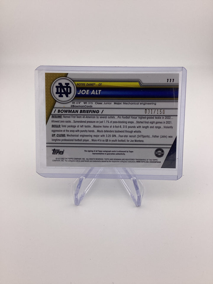 Joe Alt 2023 Topps Bowman University Chrome Purple Mini Diamond 1st Auto, 031/150