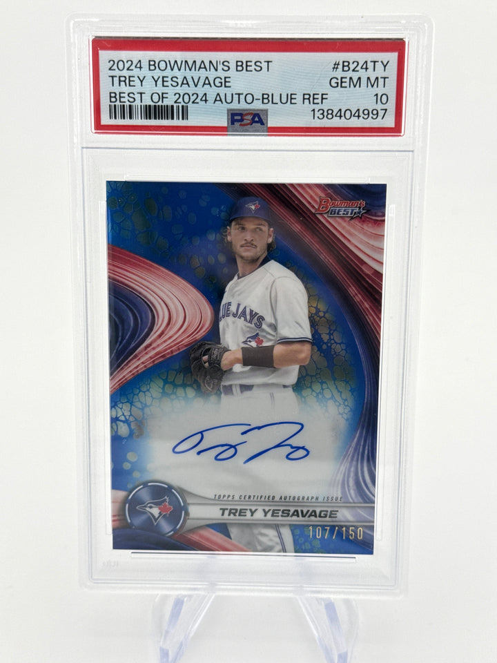 Trey Yesavage 2024 Bowman's Best, Best of 2024 Blue Refractor Auto, 107/150, PSA 10 Gem Mint