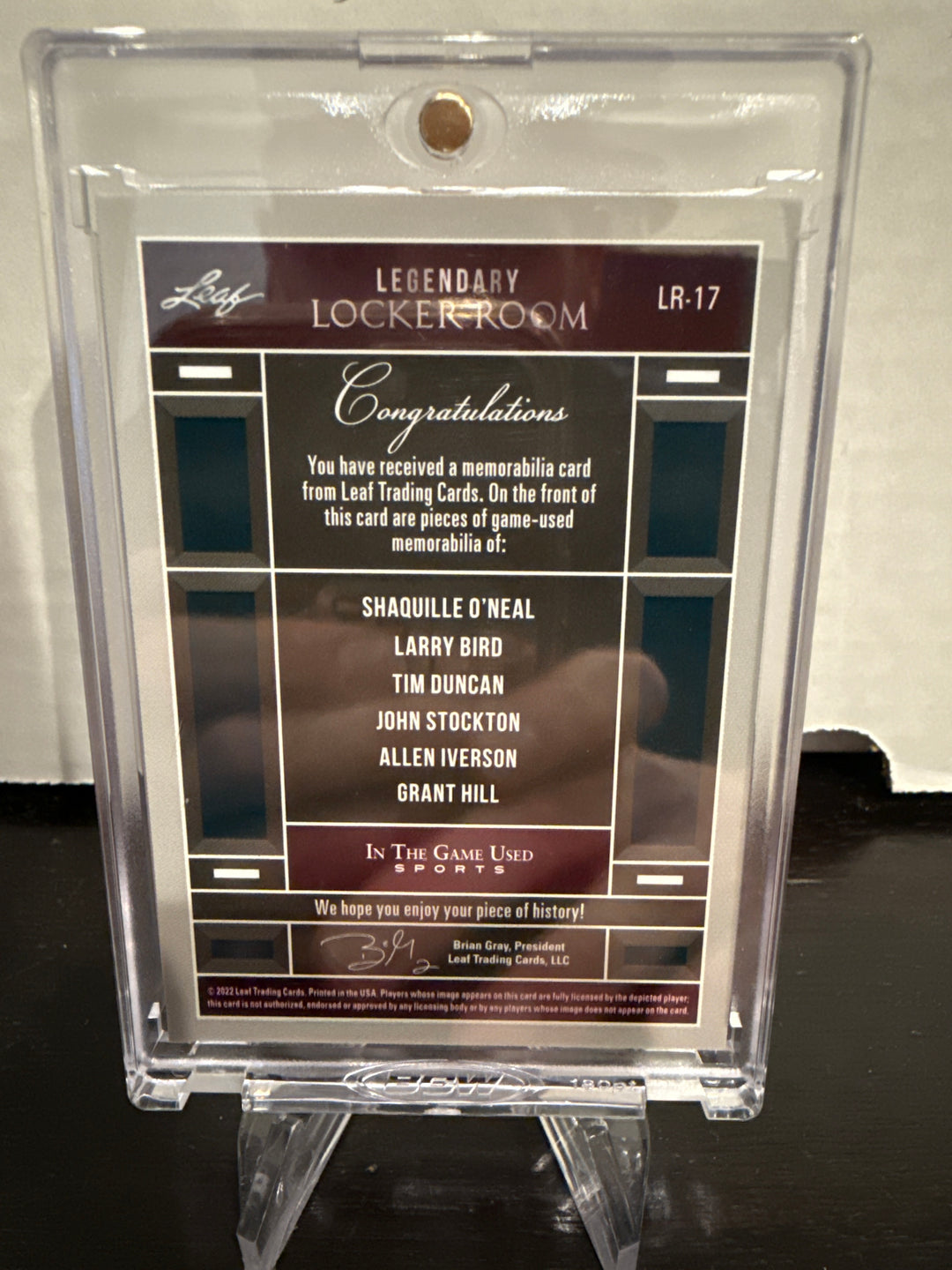 2022 Leaf In The Game Used Sports Legendary Locker Room Shaquille O'Neal/Larry Bird/Tim Duncan/John Stockton/Allen Iverson/Grant Hill Game Used Relic, 20/45