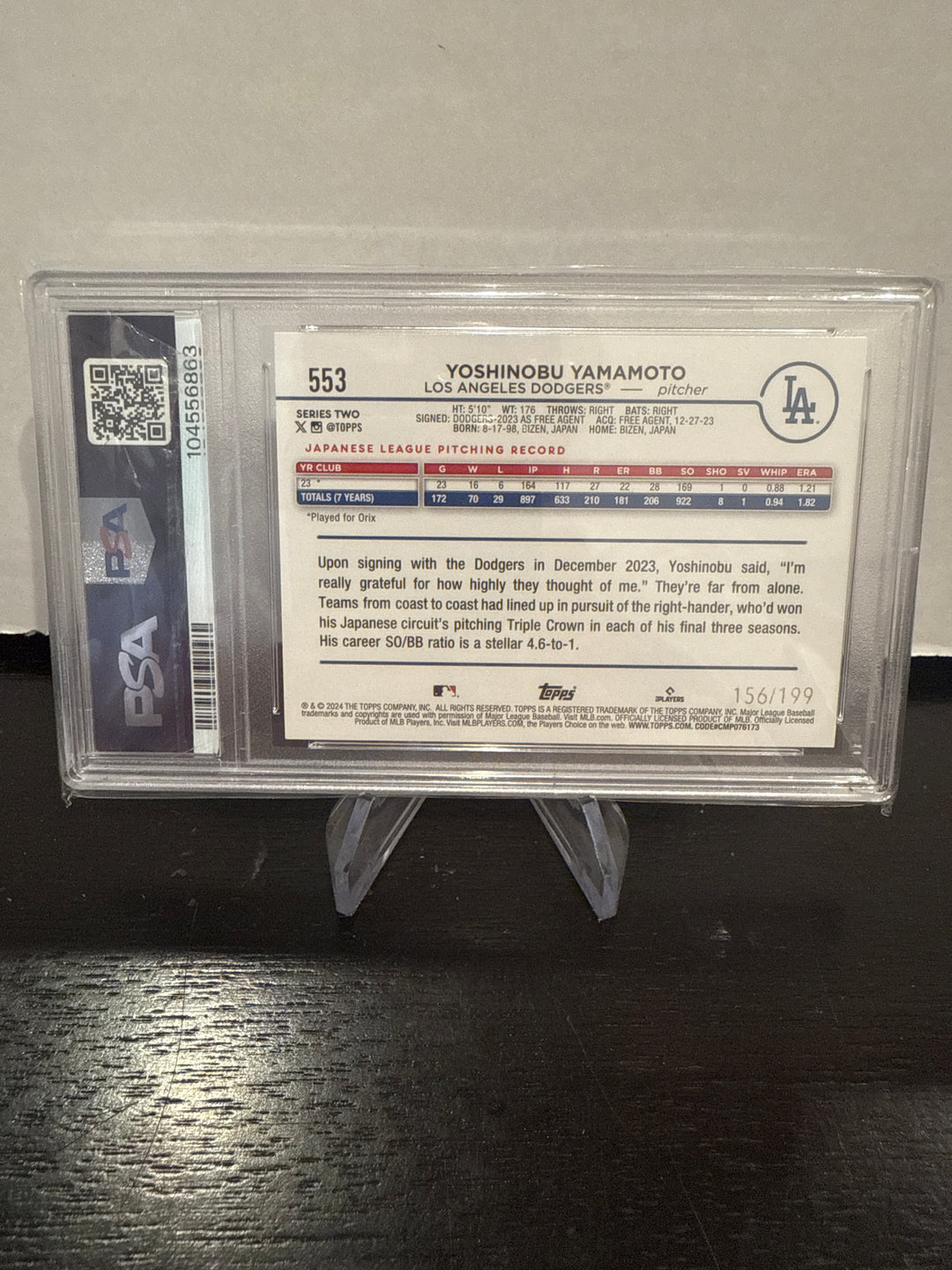 Yoshinobu Yamamoto 2024 Topps Series Two Red Foil Rookie, 156/199, PSA 10 Gem Mint
